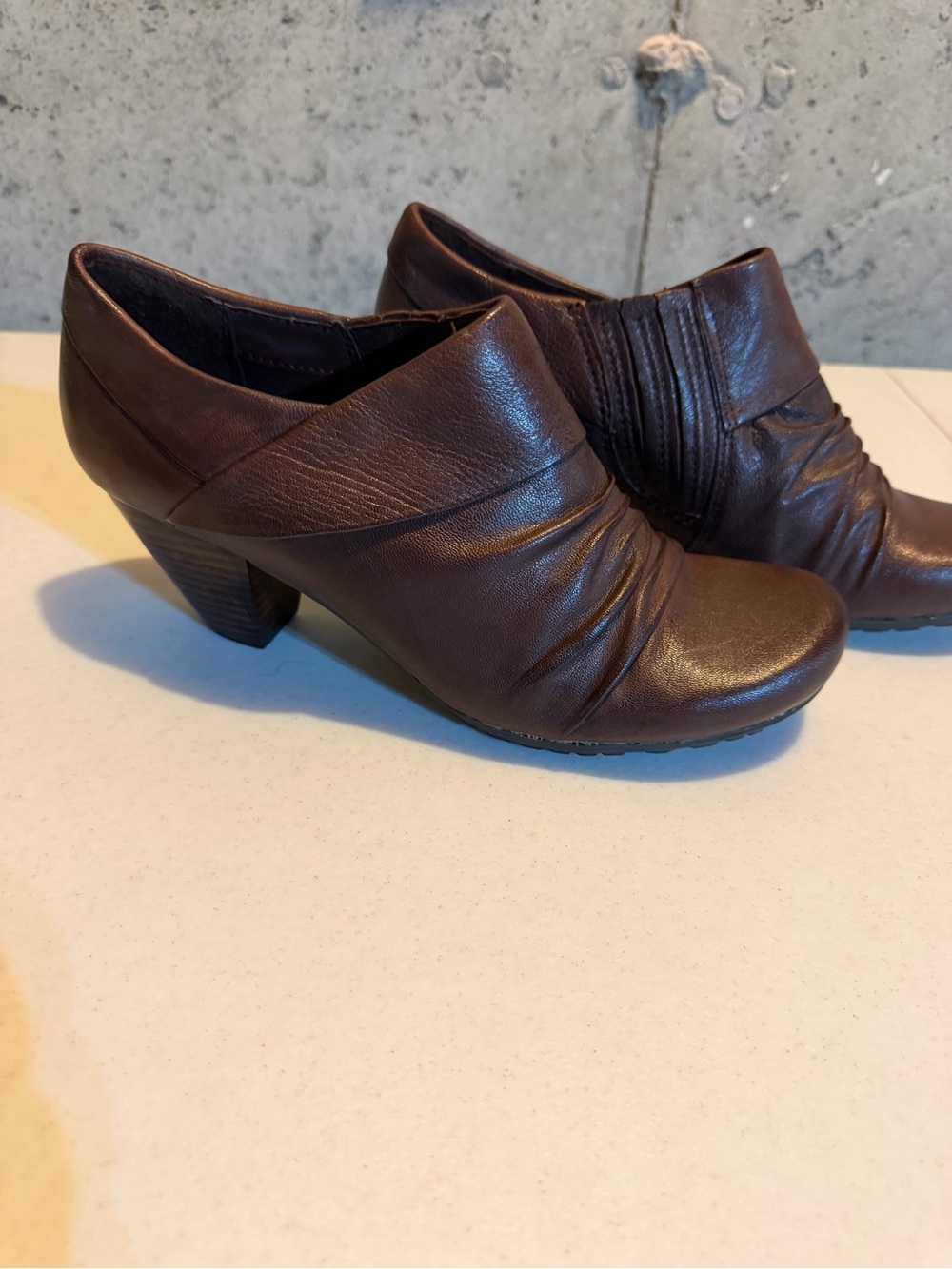 Women's Dark Brown Leather Ankle Booties with Low Block Heel